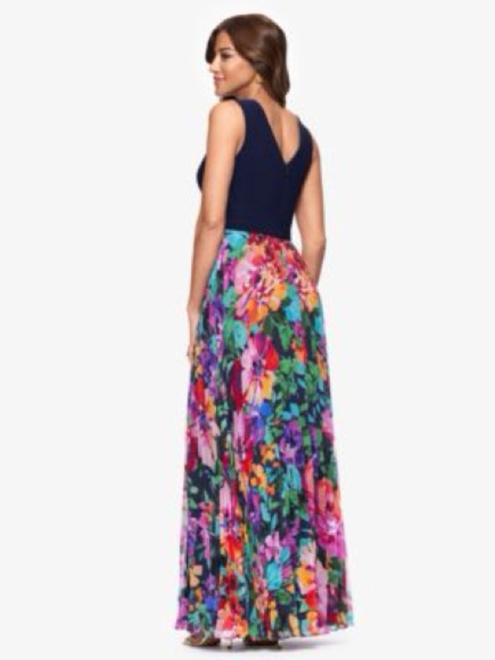 XSCAPE Floral Maxi Dress Navy Multicolor Sleeveless V-Neck 14W NWT - Picture 2 of 5